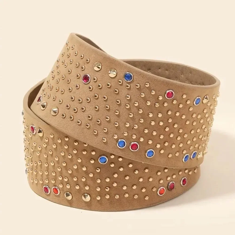 NEW Wide Vegan Leather Belt with Colorful and Metallic Studs Tan Khaki